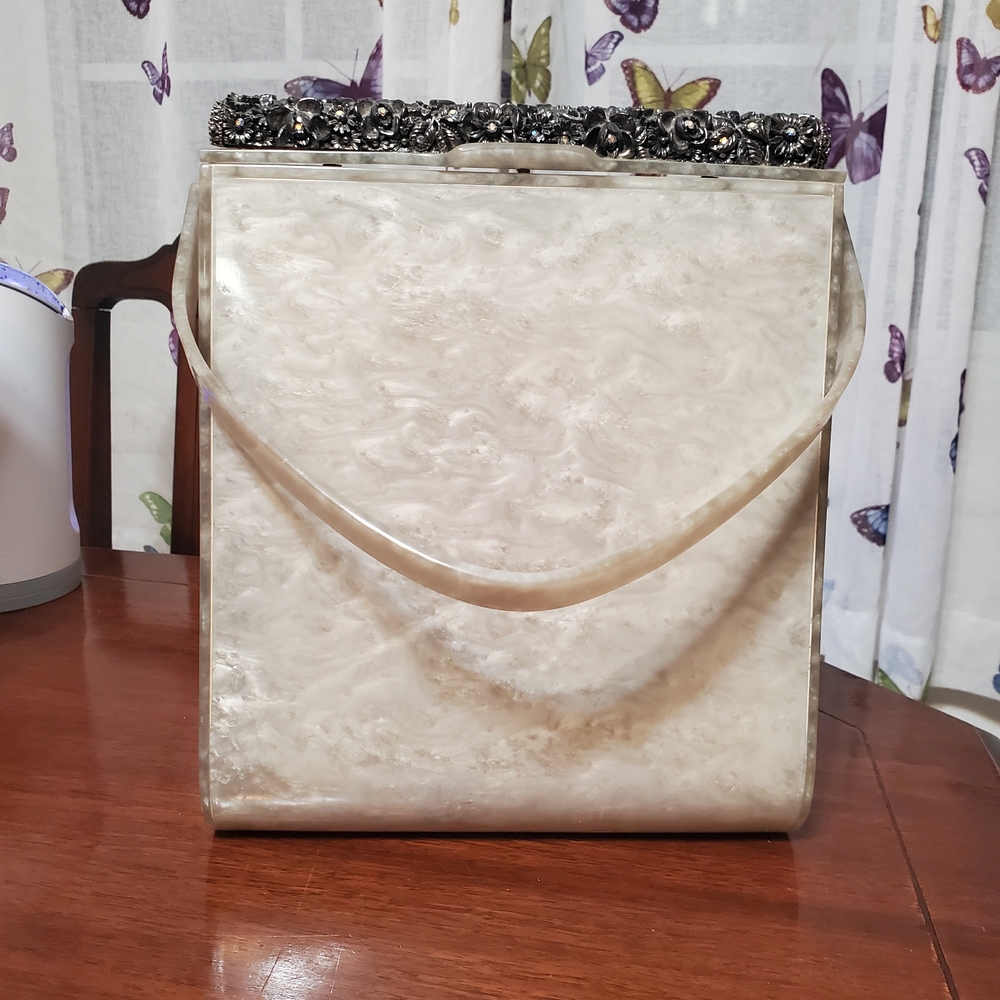 Elegant Gray Lucite Handbag with Floral Clasp
